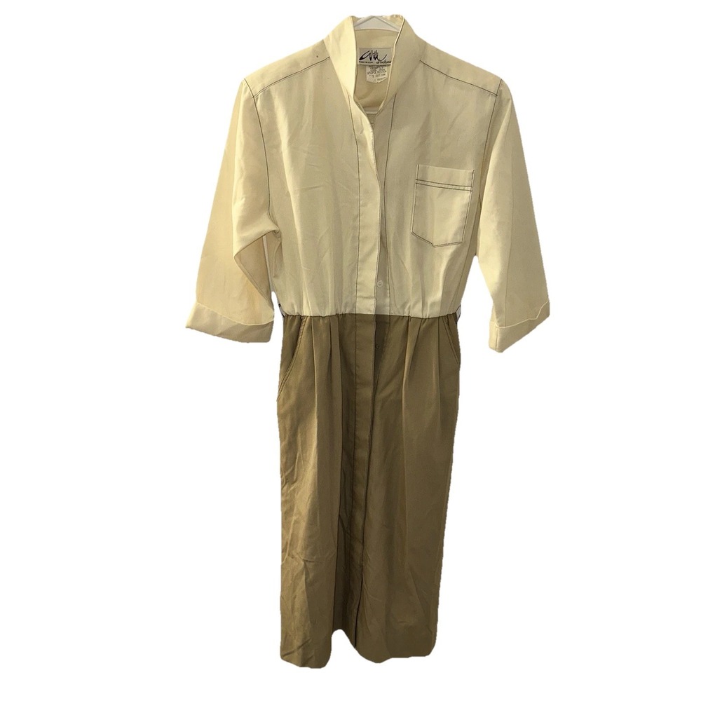 Vintage 80's Willi Of California Cream Brown‎ Shirt Dress MIDI Size 6 USA